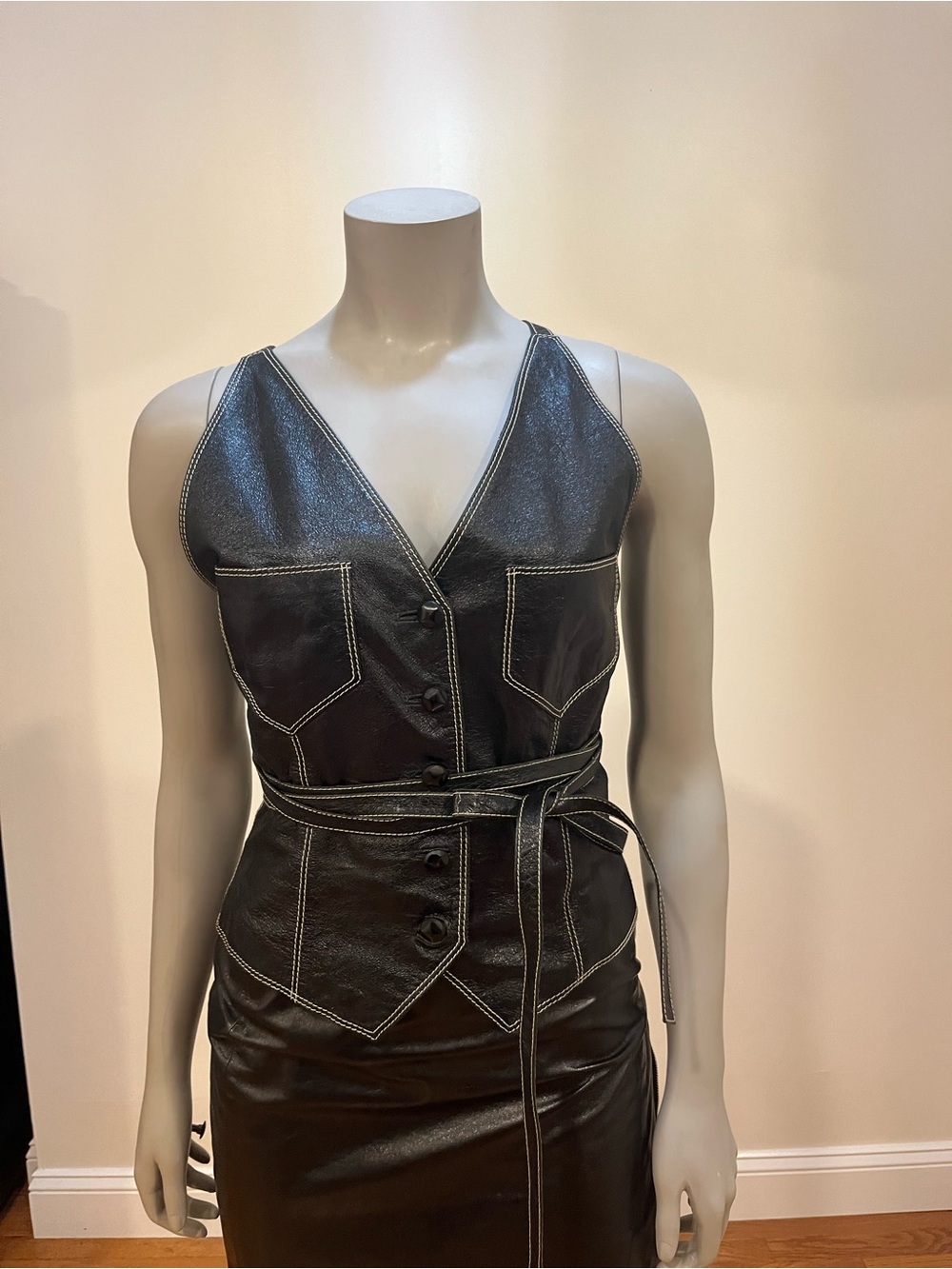 Vintage Emanuel Ungaro Couture RNWY Leather Vest Halter Top Open Back Tie Belt